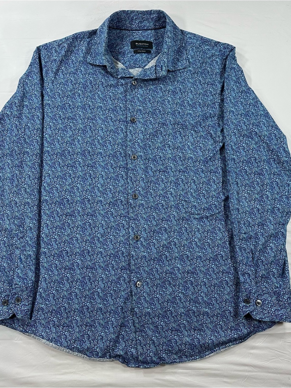 Bugatchi OoohCotton Tech 8 Way Stretch Shirt Mens L Blue Geometric Button Down